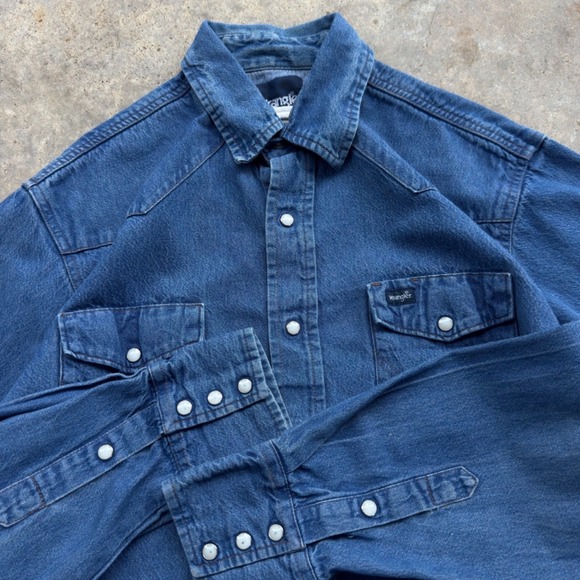 Wrangler Other - Vintage 90s Wrangler Denim Western Pearl Snap Shirt Workwear Blue Large (f1)